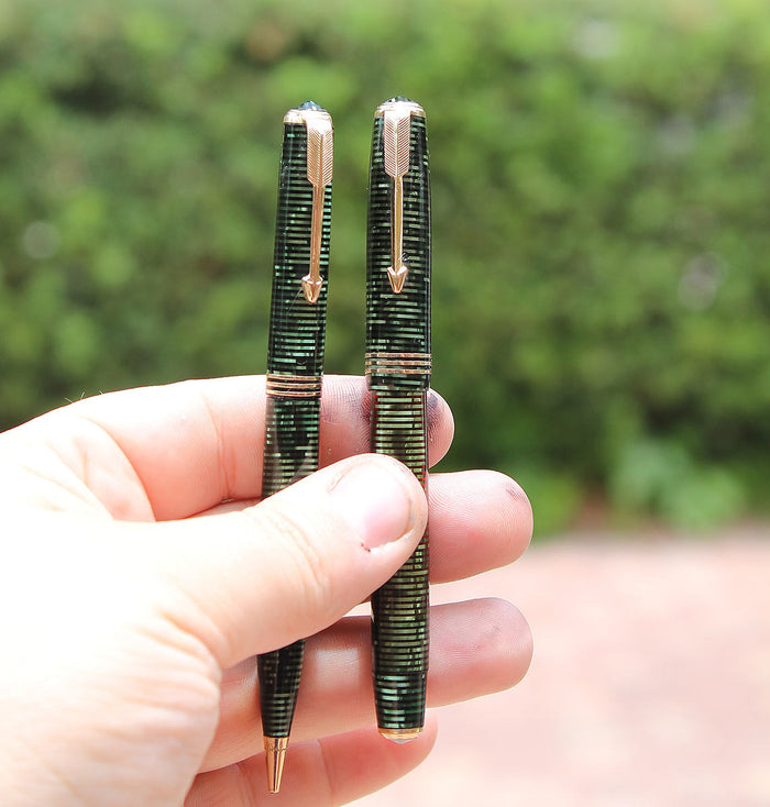 RESTORED 1936 PARKER EMERALD PEARL DOUBLE JEWEL VACUMATIC FOUNTAIN PEN SET