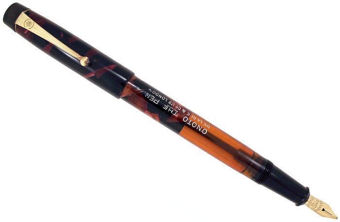 RESTORED 1938 ONOTO DE LA RUE RED MARBLED FOUNTAIN PEN PLUNGER FILLING UNIT WITH ORIGINAL BOX