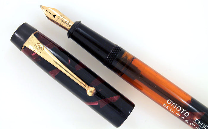 RESTORED 1938 ONOTO DE LA RUE RED MARBLED FOUNTAIN PEN PLUNGER FILLING UNIT WITH ORIGINAL BOX
