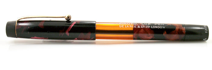 RESTORED 1938 ONOTO DE LA RUE RED MARBLED FOUNTAIN PEN PLUNGER FILLING UNIT WITH ORIGINAL BOX