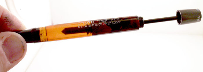RESTORED 1938 ONOTO DE LA RUE RED MARBLED FOUNTAIN PEN PLUNGER FILLING UNIT WITH ORIGINAL BOX