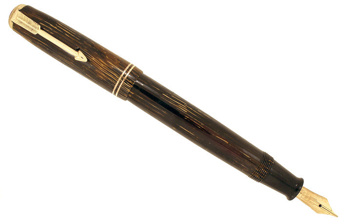 RESTORED 1938 PARKER GOLD BROWN DOUBLE JEWEL VACUMATIC SHADOW WAVE FOUNTAIN PEN  OFFERED BY ANTIQUE DIGGER