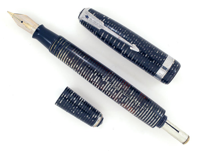 RESTORED 1940 PARKER VACUMATIC DOUBLE JEWEL FOUNTAIN PEN IN SILVER PEARL CELLULOID OFFERED BY ANTIQUE DIGGER