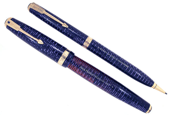 RESTORED 1941 PARKER AZURE PEARL DOUBLE JEWEL VACUMATIC FOUNTAIN PEN SET IN ORIGINAL BOX OFFERED BY ANTIQUE DIGGER