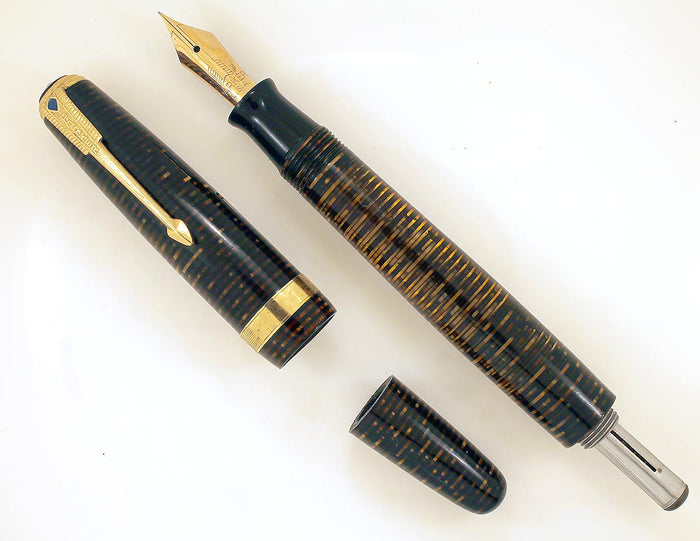 RESTORED 1942 PARKER GOLDEN PEARL VACUMATIC MAJOR FOUNTAIN PEN WITH F to BB FLEX NIB OFFERED BY ANTIQUE DIGGER