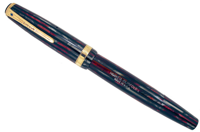 RESTORED 1943 PARKER DUOFOLD SENIOR DUSTY ROSE CELLULOID FOUNTAIN PEN V NIB OFFERED BY ANTIQUE DIGGER