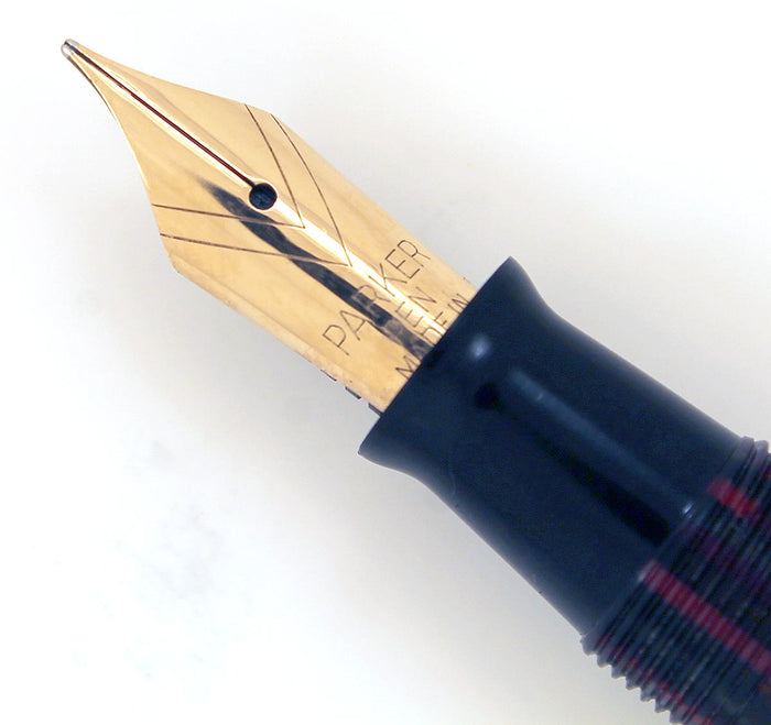 RESTORED 1943 PARKER DUOFOLD SENIOR DUSTY ROSE CELLULOID FOUNTAIN PEN V NIB OFFERED BY ANTIQUE DIGGER