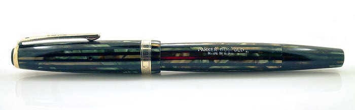 RESTORED 1944 PARKER DUOFOLD SENIOR FOUNTAIN PEN IN THE GREEN GOLD CELLULOID WITH V NIB OFFERED BY ANTIQUE DIGGER