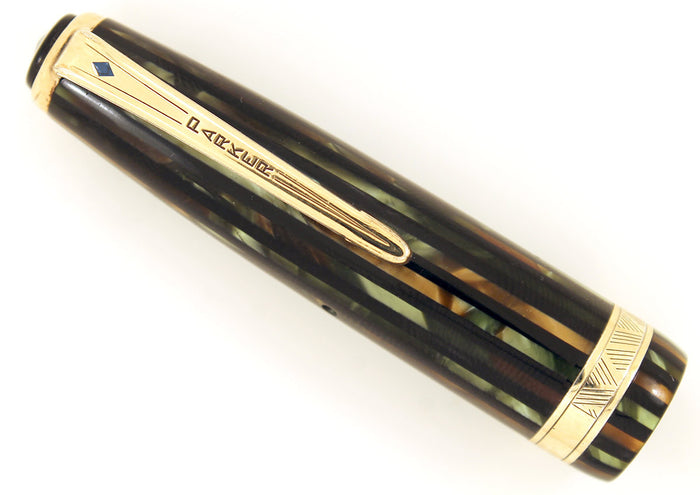 RESTORED 1944 PARKER DUOFOLD SENIOR FOUNTAIN PEN IN THE GREEN GOLD CELLULOID WITH V NIB OFFERED BY ANTIQUE DIGGER