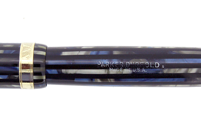 RESTORED 1945 PARKER DUOFOLD SENIOR FOUNTAIN PEN IN BLUE GRAY CELLULOID WITH V NIB OFFERED BY ANTIQUE DIGGER