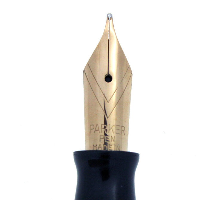 RESTORED 1945 PARKER DUOFOLD SENIOR FOUNTAIN PEN IN BLUE GRAY CELLULOID WITH V NIB OFFERED BY ANTIQUE DIGGER