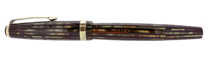 RESTORED 1946 PARKER DUOFOLD SENIOR FOUNTAIN PEN GREEN GOLD CELLULOID WITH V NIB OFFERED BY ANTIQUE DIGGER