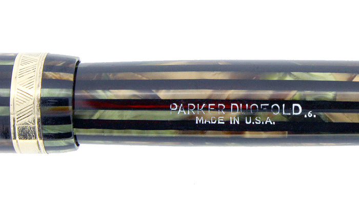 RESTORED 1946 PARKER DUOFOLD SENIOR FOUNTAIN PEN GREEN GOLD CELLULOID WITH V NIB OFFERED BY ANTIQUE DIGGER
