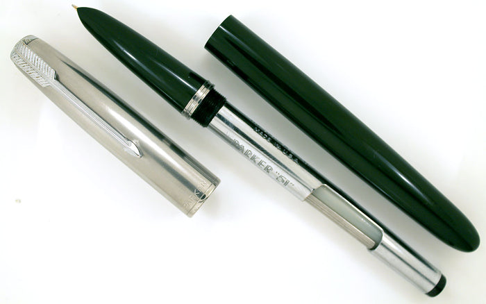 RESTORED 1948 PARKER 51 AEROMETRIC FOUNTAIN PEN IN FOREST GREEN WITH LUSTRALOY CAP OFFERED BY ANTIQUE DIGGER