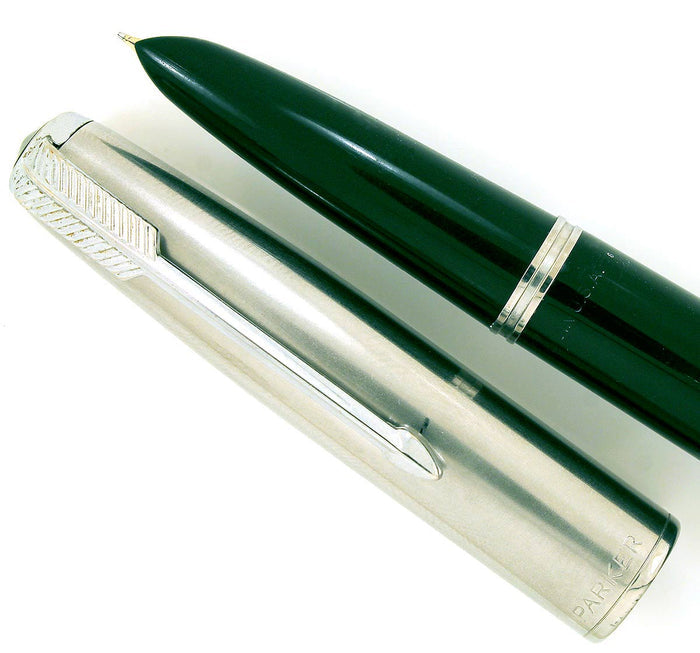 RESTORED 1948 PARKER 51 AEROMETRIC FOUNTAIN PEN IN FOREST GREEN WITH LUSTRALOY CAP OFFERED BY ANTIQUE DIGGER