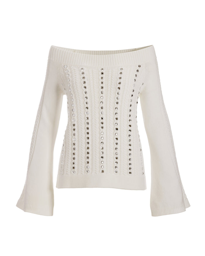 Rhinestone Embellished Off The Shoulder Sweater Off White