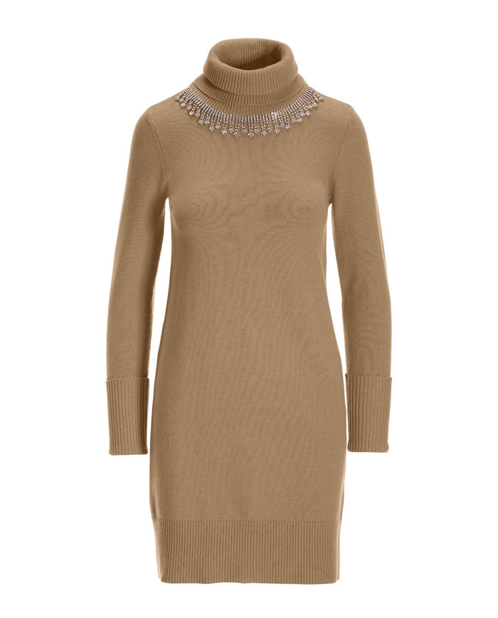 Rhinestone Embellished Turtleneck Sweater Dress Iced Coffee