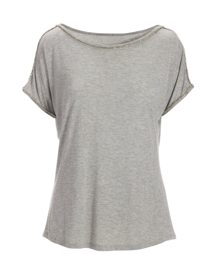 Rhinestone Trim Short-Sleeve Knit Tee Heather Gray