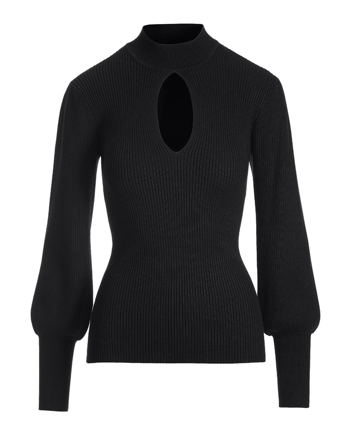 Ribbed Mock Neck Keyhole Sweater Black