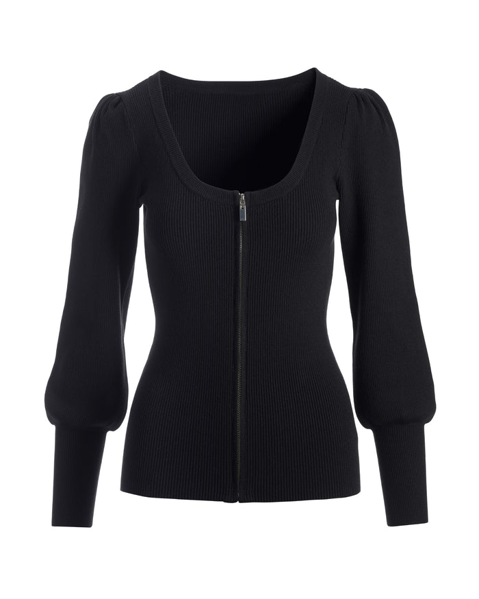 Ribbed Scoop-Neck Zip-Up Cardigan Black
