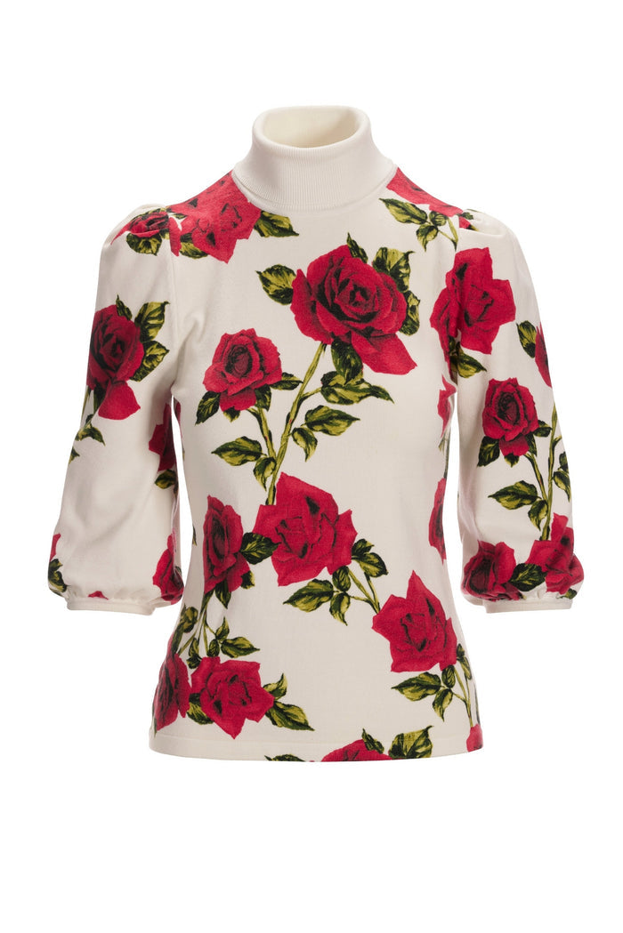 Rose Printed Turtleneck Sweater Off White Multi