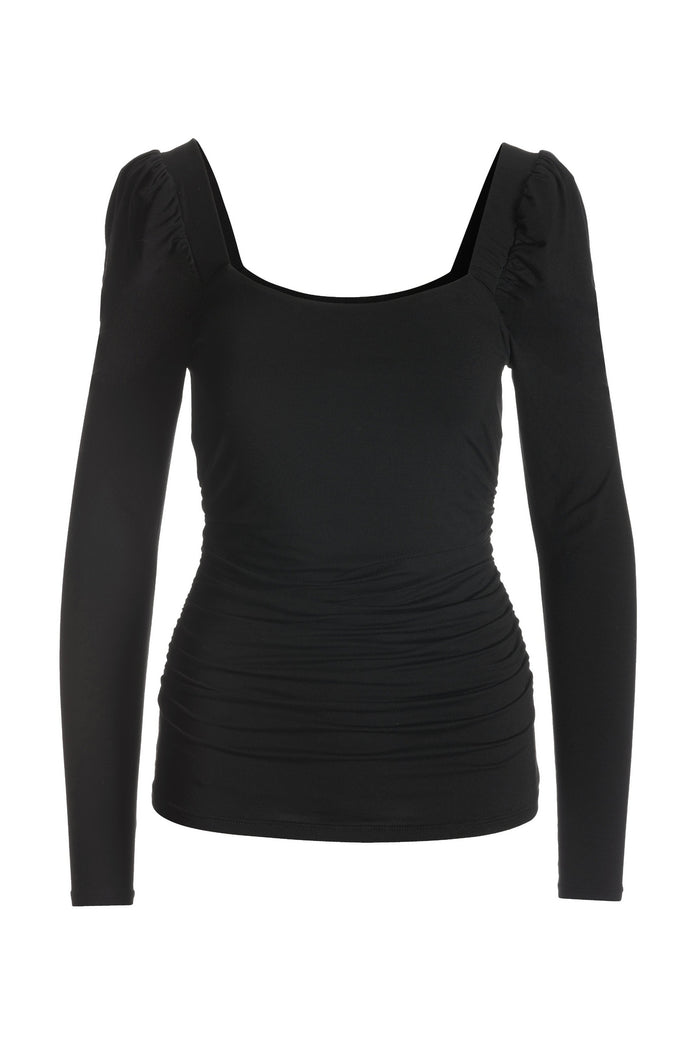 Ruched Square Neck Puff Sleeve Black