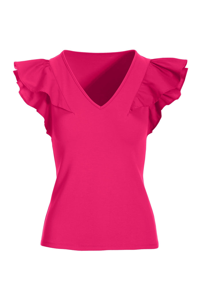 Ruffle Poplin V Neck Top Sparkling Cosmo