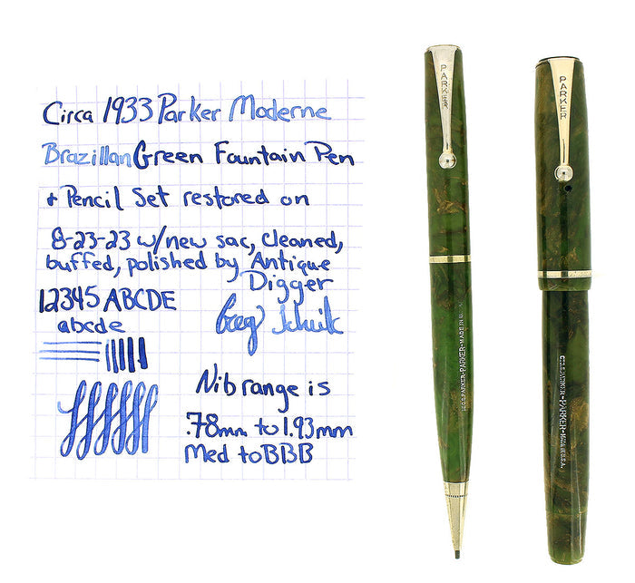 SCARCE C1933 PARKER MODERNE BRAZILLAN GREEN FOUNTAIN PEN & PENCIL SET RESTORED OFFERED BY ANTIQUE DIGGER