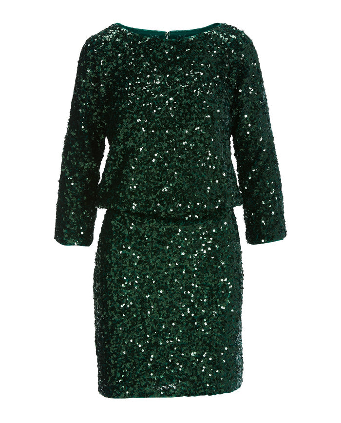Sequin Blouson Three Quarter Sleeve Dress Green