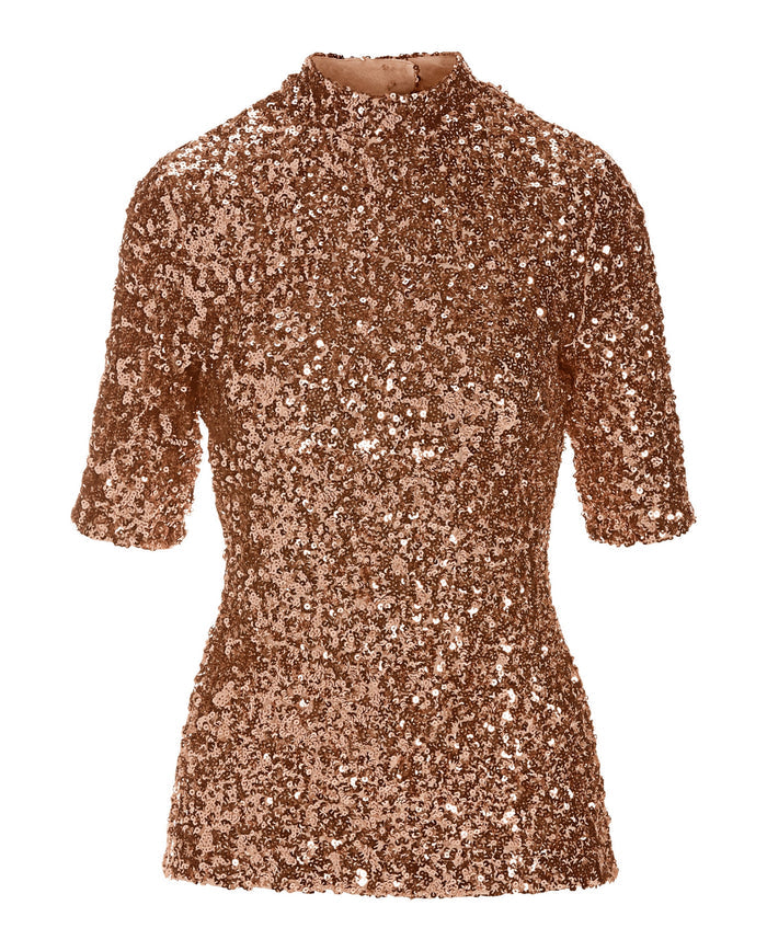Sequin Mock Neck Elbow Sleeve Top Rose Gold