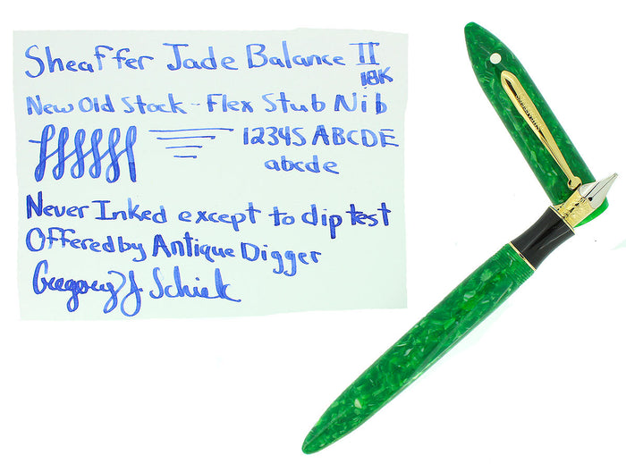 SHEAFFER JADE BALANCE FOUNTAIN PEN NEW OLD STOCK MINT IN BOX 18K STUB FLEX NIB OFFERED BY ANTIQUE DIGGER