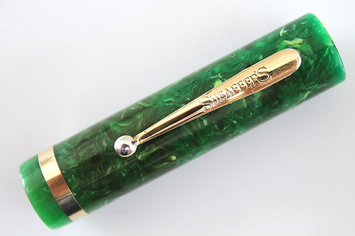 SHEAFFER OVERSIZED FLAT TOP JADE GREEN CELLULOID FOUNTAIN PEN