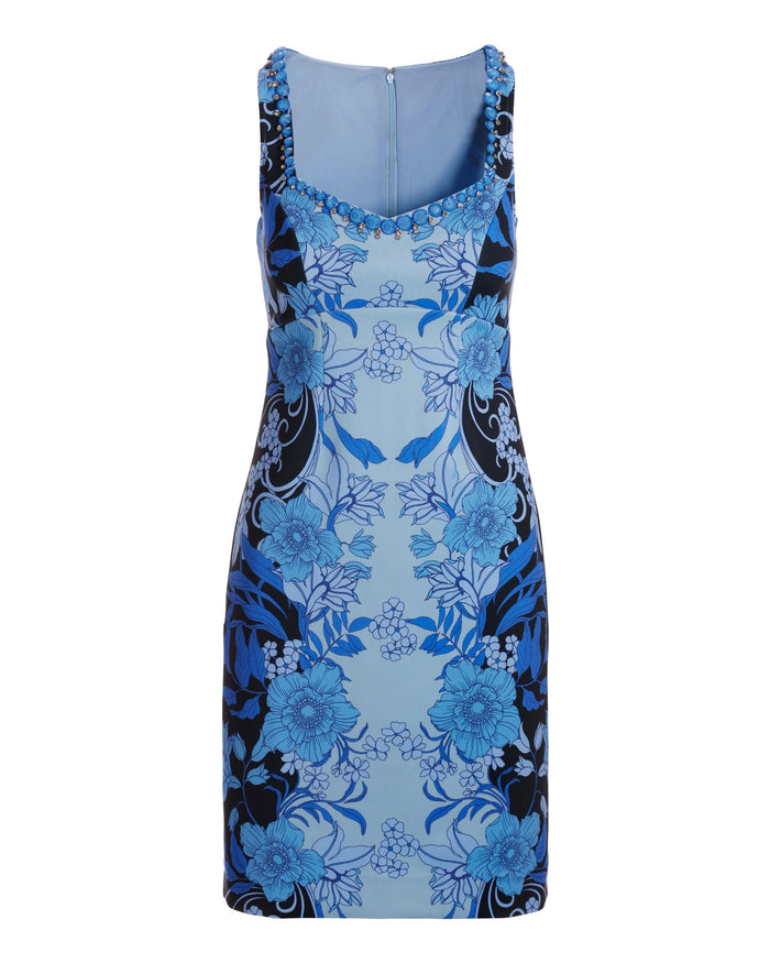 Sleeveless Embellished Floral Scuba Sheath Dress Blue Multi