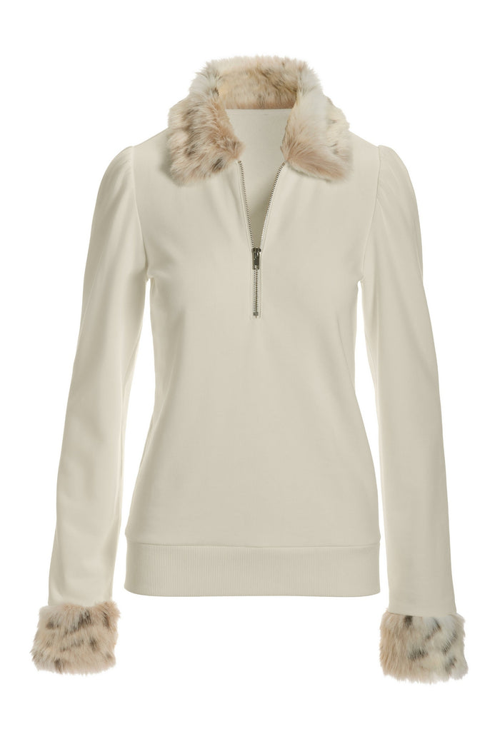 Snow Leopard Half-Zip Puff-Sleeve Sweatshirt Off White