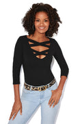 So Sexy Neck Detail Three Quarter Sleeve Top Black