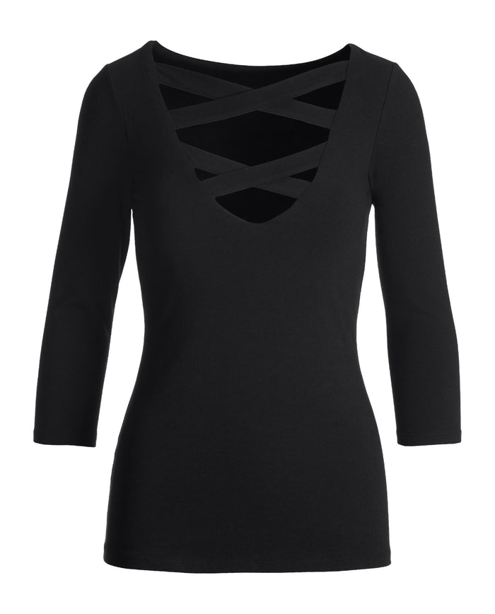 So Sexy Neck Detail Three Quarter Sleeve Top Black
