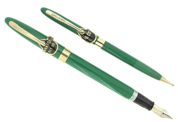 STICKERED C1953 SHEAFFER SARATOGA PASTEL GREEN SNORKEL FOUNTAIN PEN & PENCIL SET MINT NEW OLD STOCK OFFERED BY ANTIQUE DIGGER
