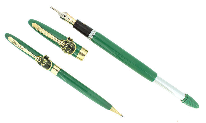 STICKERED C1953 SHEAFFER SARATOGA PASTEL GREEN SNORKEL FOUNTAIN PEN & PENCIL SET MINT NEW OLD STOCK OFFERED BY ANTIQUE DIGGER