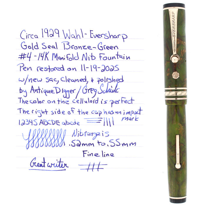 STICKERED CIRCA 1929 WAHL EVERSHARP BRAZILIAN GREEN GOLD SEAL DECOBAND FOUNTAIN PEN OFFERED BY ANTIQUE DIGGER