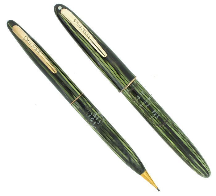 STICKERED CIRCA 1940S SHEAFFER TRIUMPH SOVEREIGN II FOUNTAIN PEN & PENCIL SET MINT NOS OFFERED BY ANTIQUE DIGGER