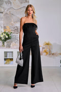 Strapless Faux-Feather Wide-Leg Jumpsuit Black