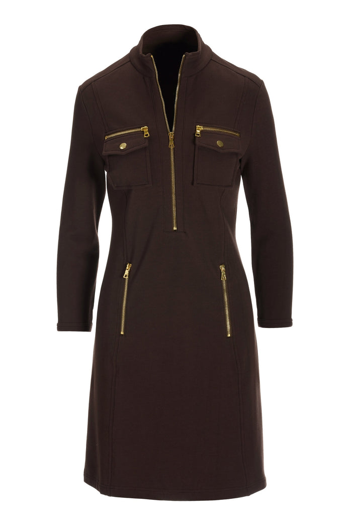 Three Quarter Sleeve Chic Zip Dress Safari Brown