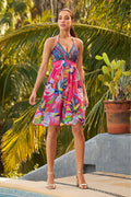 Tropical Forest Halter Embellished Printed Dress Pink