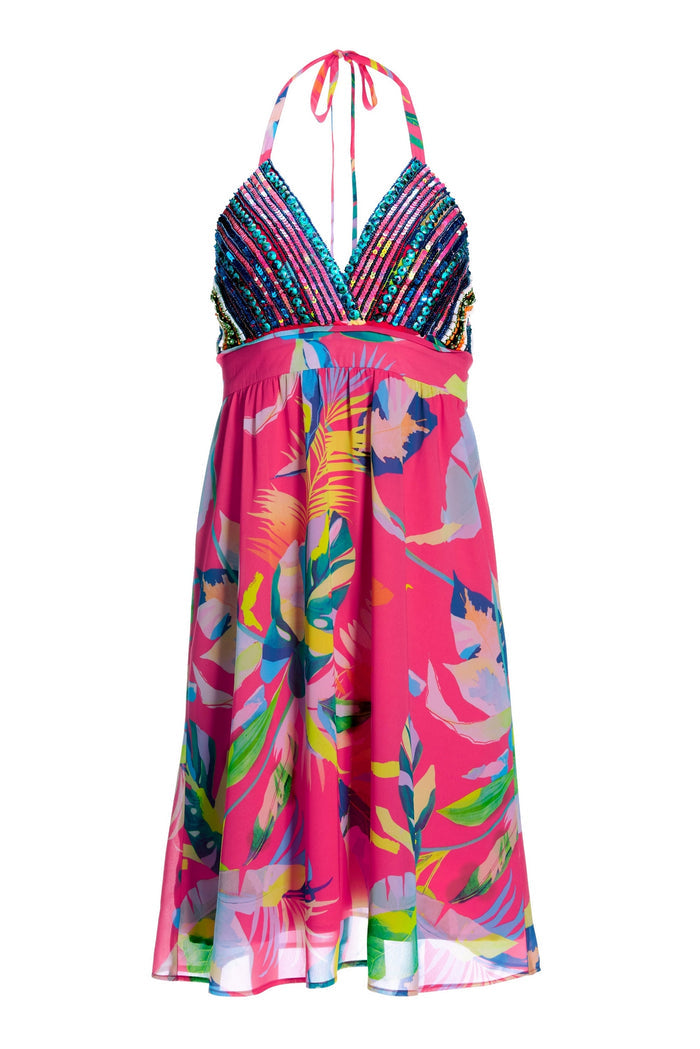 Tropical Forest Halter Embellished Printed Dress Pink