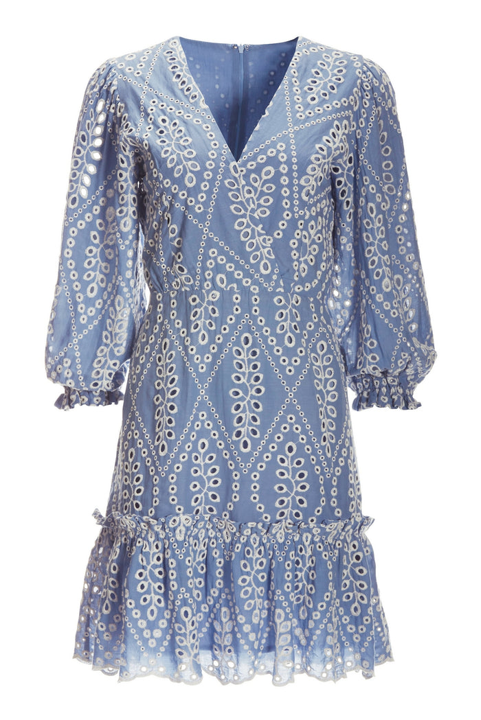 Two Tone Eyelet Ruffle Flounce Dress Blue White