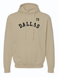 TX Dallas Pullover Hoodie featuring a beige color with 'DALLAS TX' printed on the front. This cozy unisex fleece hooded sweatshirt is a perfect Texas themed gift, ideal for anyone looking for Texas Made Gifts, souvenirs from Texas, or a dallas souvenir, making it a great option for texan gifts.