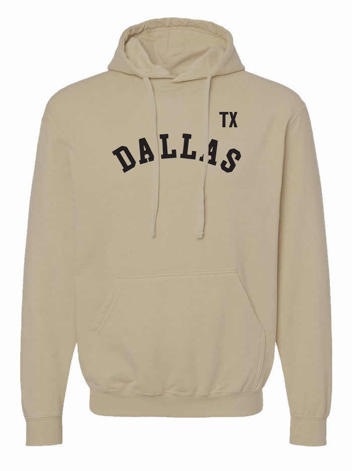 TX Dallas Pullover Hoodie featuring a beige color with 'DALLAS TX' printed on the front. This cozy unisex fleece hooded sweatshirt is a perfect Texas themed gift, ideal for anyone looking for Texas Made Gifts, souvenirs from Texas, or a dallas souvenir, making it a great option for texan gifts.