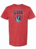 Red t-shirt with 'USA' and Statue of Liberty graphic on a white background