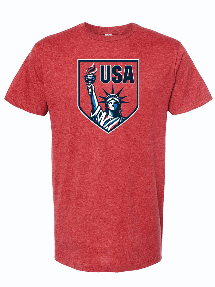 Red t-shirt with 'USA' and Statue of Liberty graphic on a white background