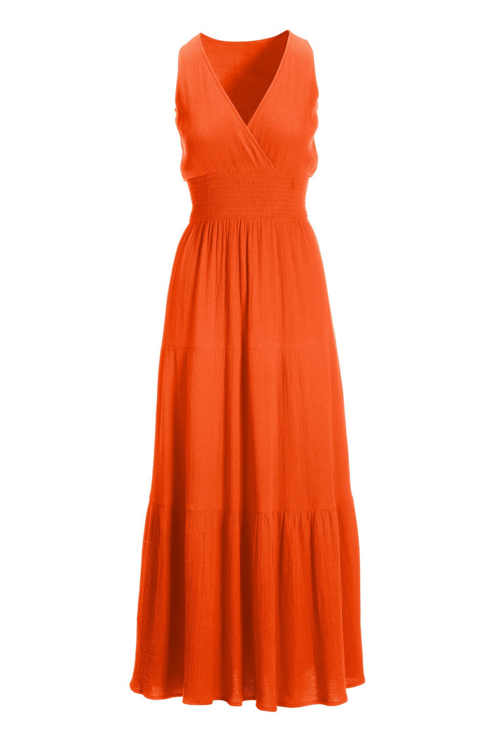 V Neck Smocked Maxi Dress Red